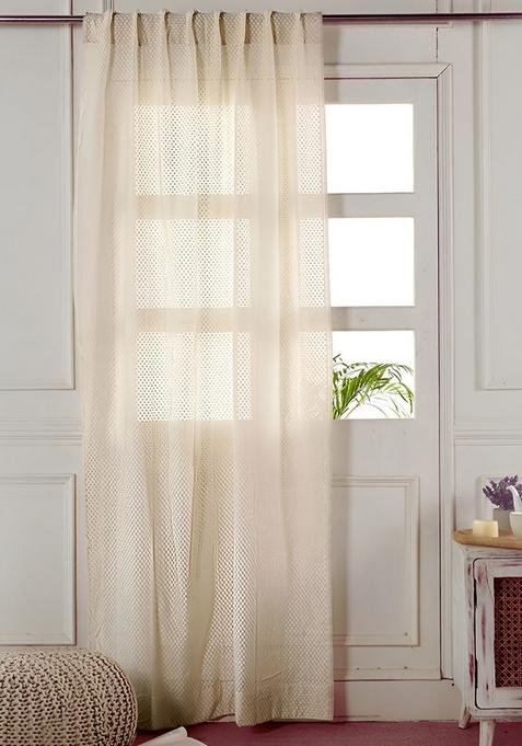 2 Pieces Off White Sheer Self Designed Cotton Window Curtain