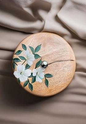 Beige Floral Printed Wooden Serving Bowl With Lid