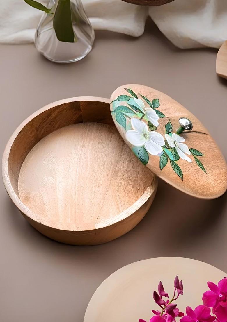 Beige Floral Printed Wooden Serving Bowl With Lid