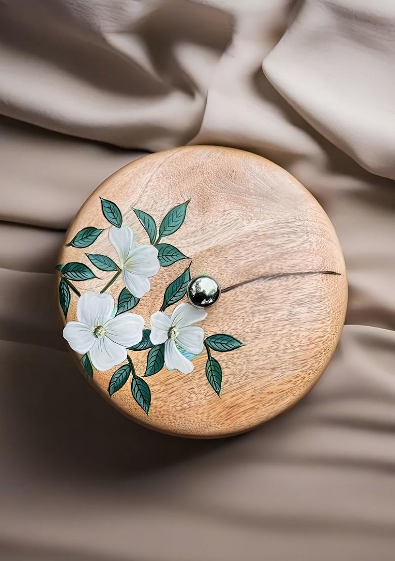 Beige Floral Printed Wooden Serving Bowl With Lid