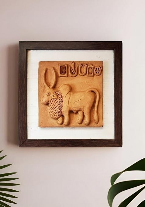Brown And Beige Terracotta Harappan Bull Sealed Replica Wall Hanging With Frame