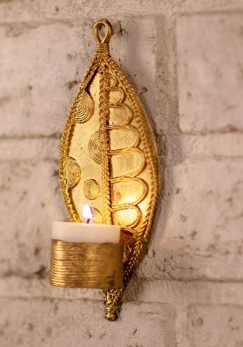 Gold Toned 2 Pieces Leaf Textured Tealight Candle Holder