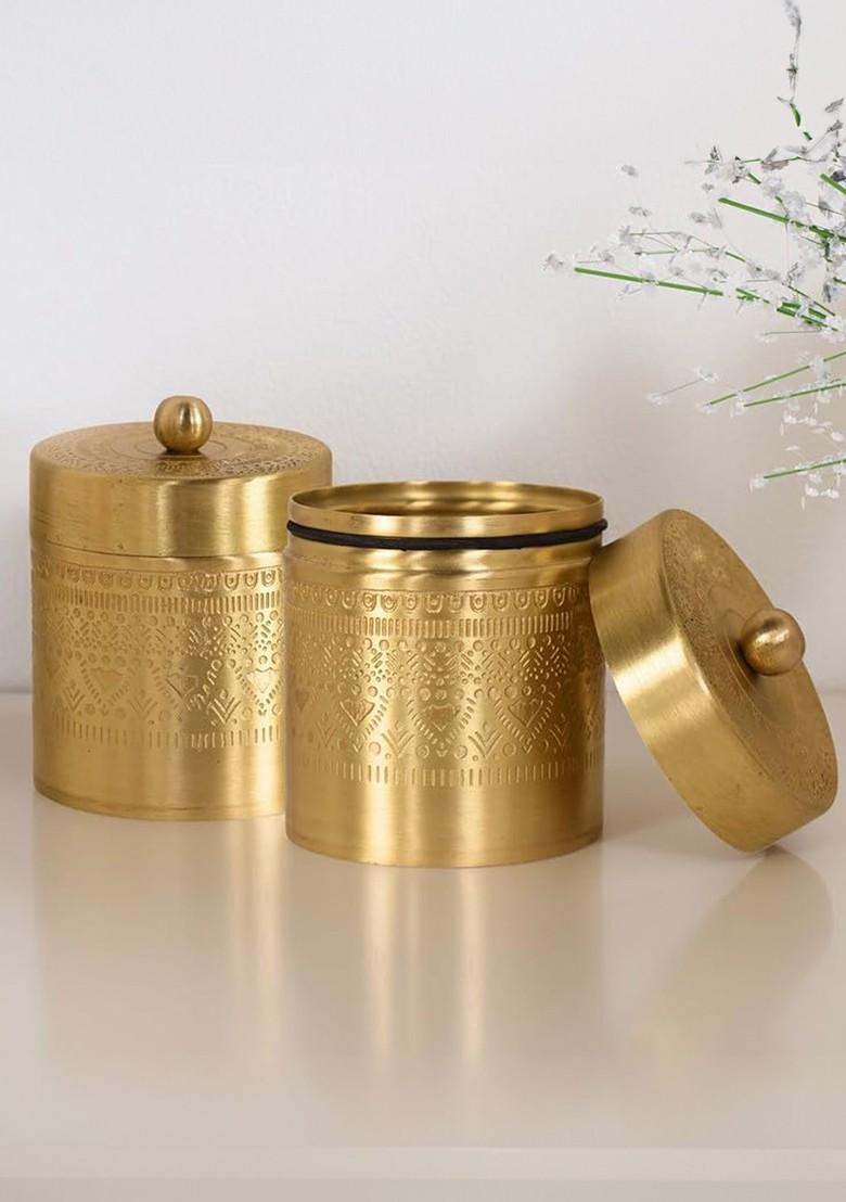 Set Of 2 Brass Jar Container With Lid Small 250Ml