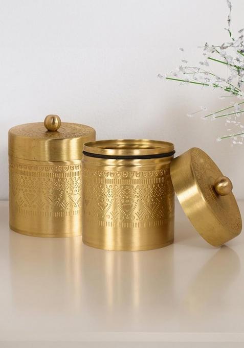 Set Of 2 Brass Jar Container With Lid Small 250Ml