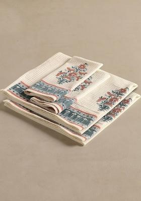 Piece Of 4 Off White And Teal Floral Block Printed Cotton Hand And Bath Waffle Towels