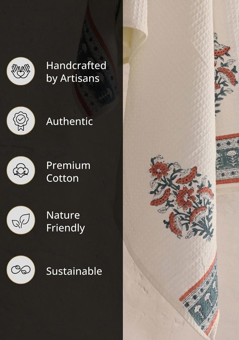 Piece Of 4 Off White And Teal Floral Block Printed Cotton Hand And Bath Waffle Towels