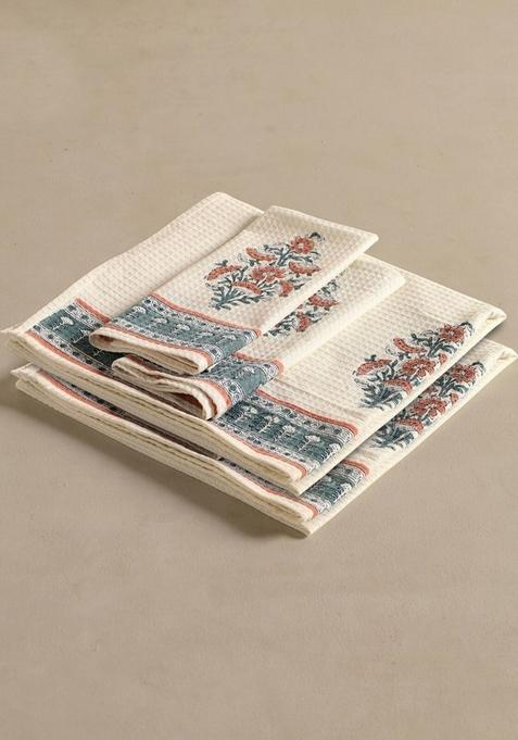 Piece Of 4 Off White And Teal Floral Block Printed Cotton Hand And Bath Waffle Towels