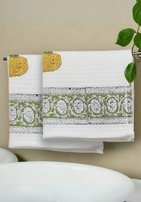 Set Of 2 Block Printed Cotton 300 Gsm Hand And Bath Waffle Towels