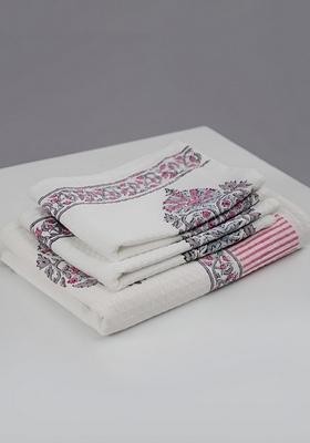 Piece Of 3 White And Pink Block Printed Cotton Waffle Towel Set