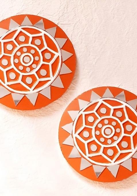 Orange Colored 2 Pieces Mud And Mirror Work Wall Hanging