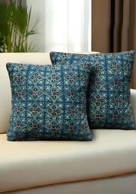Blue And Red 2 Pieces Ethnic Motifs Embroidered Cotton Square Cushion Covers