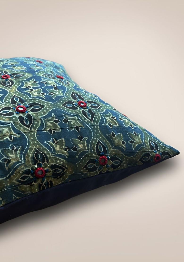 Blue And Red 2 Pieces Ethnic Motifs Embroidered Cotton Square Cushion Covers