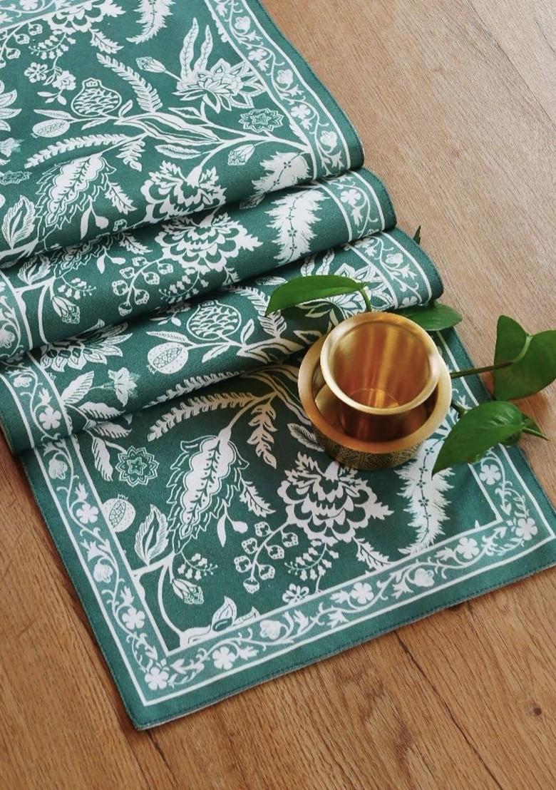 Forest Green Floral Printed 4 Seater Cotton Table Runner