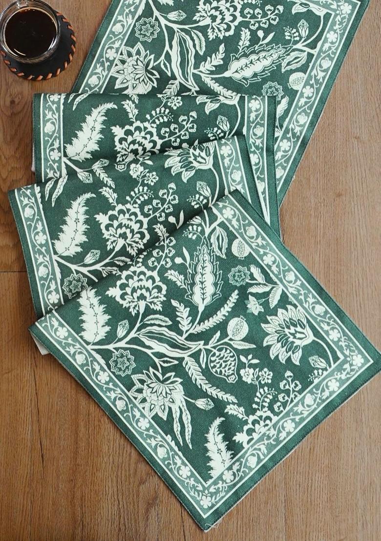 Forest Green Floral Printed 4 Seater Cotton Table Runner