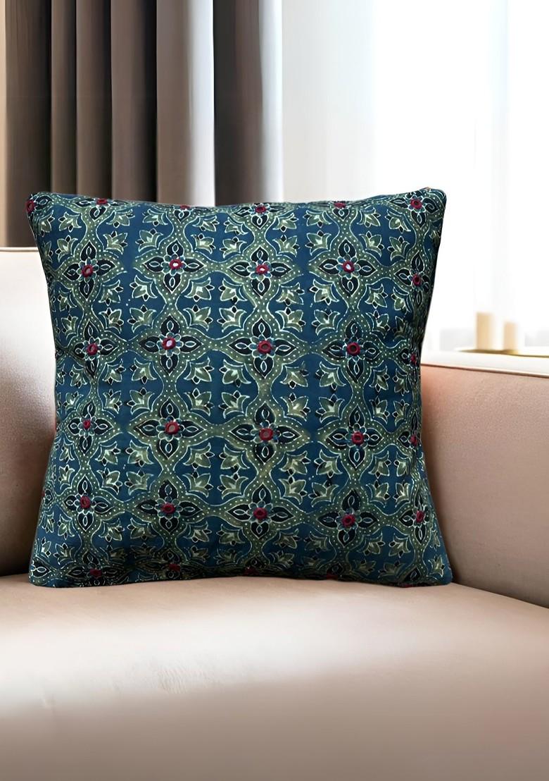 Blue And Red Ethnic Motifs Embroidered Cotton Square Cushion Cover