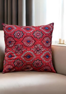 Red And Blue Ethnic Motifs Embroidered Cotton Square Cushion Cover
