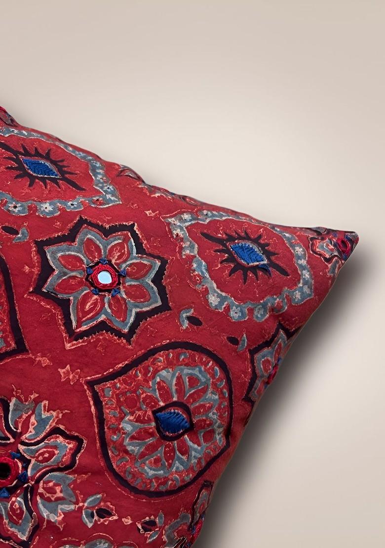 Red And Blue Ethnic Motifs Embroidered Cotton Square Cushion Cover