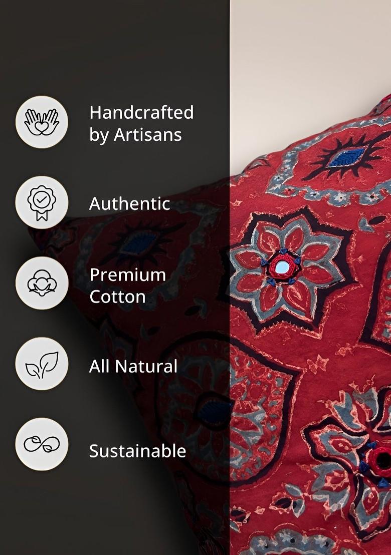 Red And Blue Ethnic Motifs Embroidered Cotton Square Cushion Cover