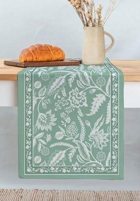 Powder Green Floral Printed 4 Seater Cotton Table Runner