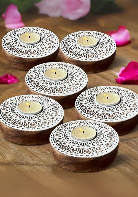 Brown And White 6 Pieces Textured Wooden Round Candle Holders
