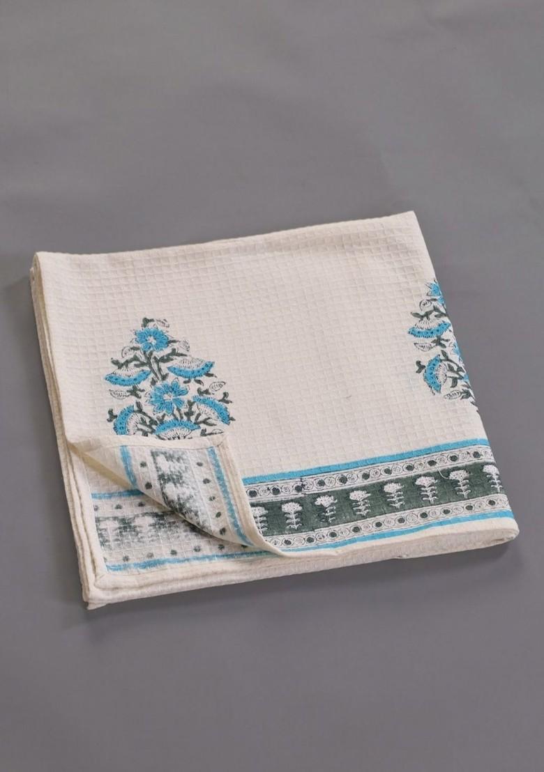 3 Pcs White And Blue Block Printed Cotton Waffle Towel Set