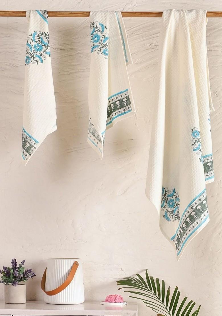 3 Pcs White And Blue Block Printed Cotton Waffle Towel Set