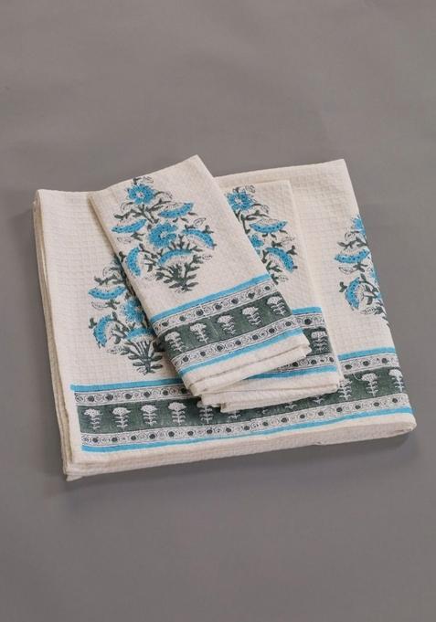 3 Pcs White And Blue Block Printed Cotton Waffle Towel Set