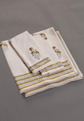4Pc Off White And Mustard Floral Block Printed Cotton Hand And Bath Waffle Towels