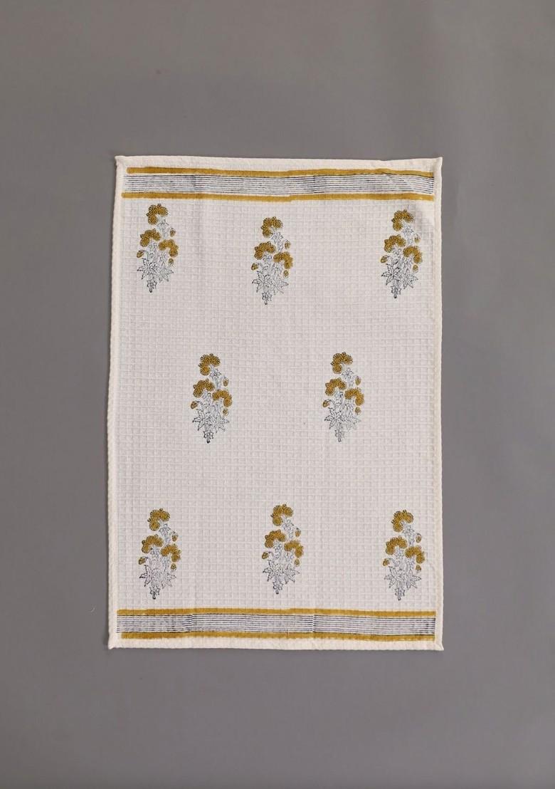 4Pc Off White And Mustard Floral Block Printed Cotton Hand And Bath Waffle Towels