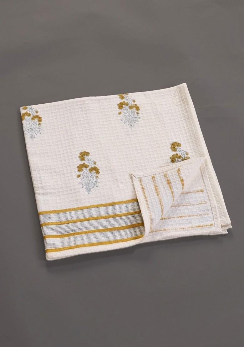 4Pc Off White And Mustard Floral Block Printed Cotton Hand And Bath Waffle Towels