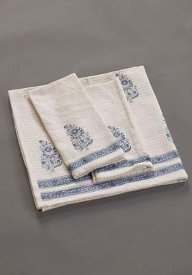 3Pcs Block Printed Cotton Waffle Towel Set
