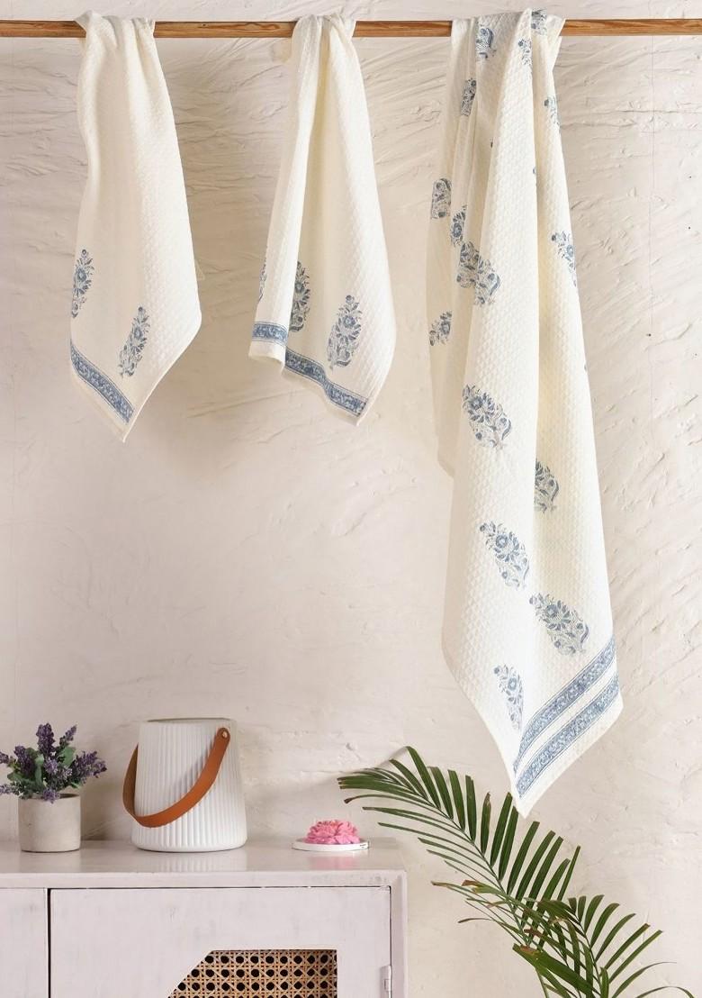 3Pcs Block Printed Cotton Waffle Towel Set