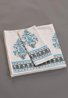 2 Pcs Off White And Blue Block Printed Cotton Hand And Bath Waffle Towel Set