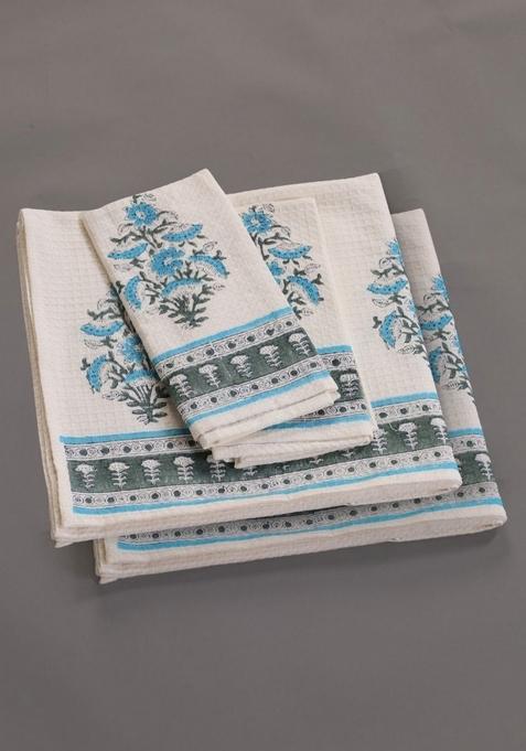 4Pc Floral Block Printed Cotton Hand And Bath Waffle Towels