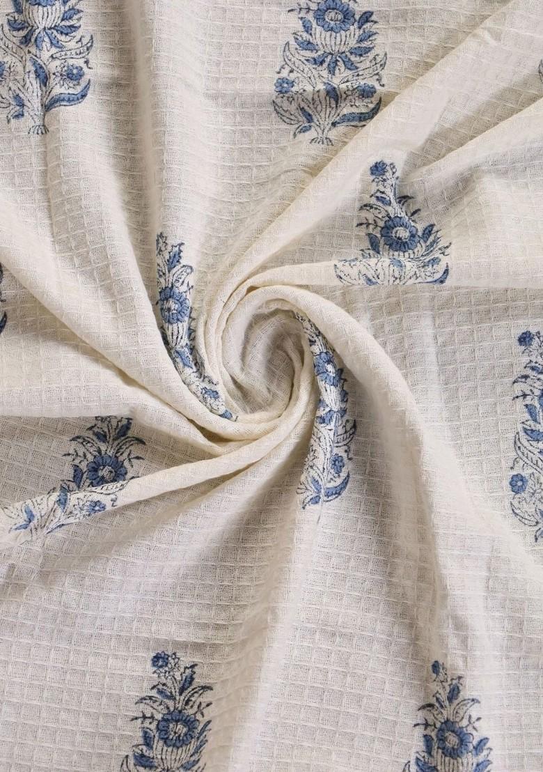 4Pc Off White And Blue Floral Block Printed Cotton Hand And Bath Waffle Towels
