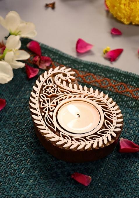 White And Brown Engraved Wooden Diyas
