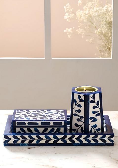 3 Pcs Blue And White Printed Wooden Bakhoor Set Pooja Essentials