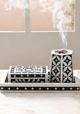 Black And White Printed Wooden Bakhoorset