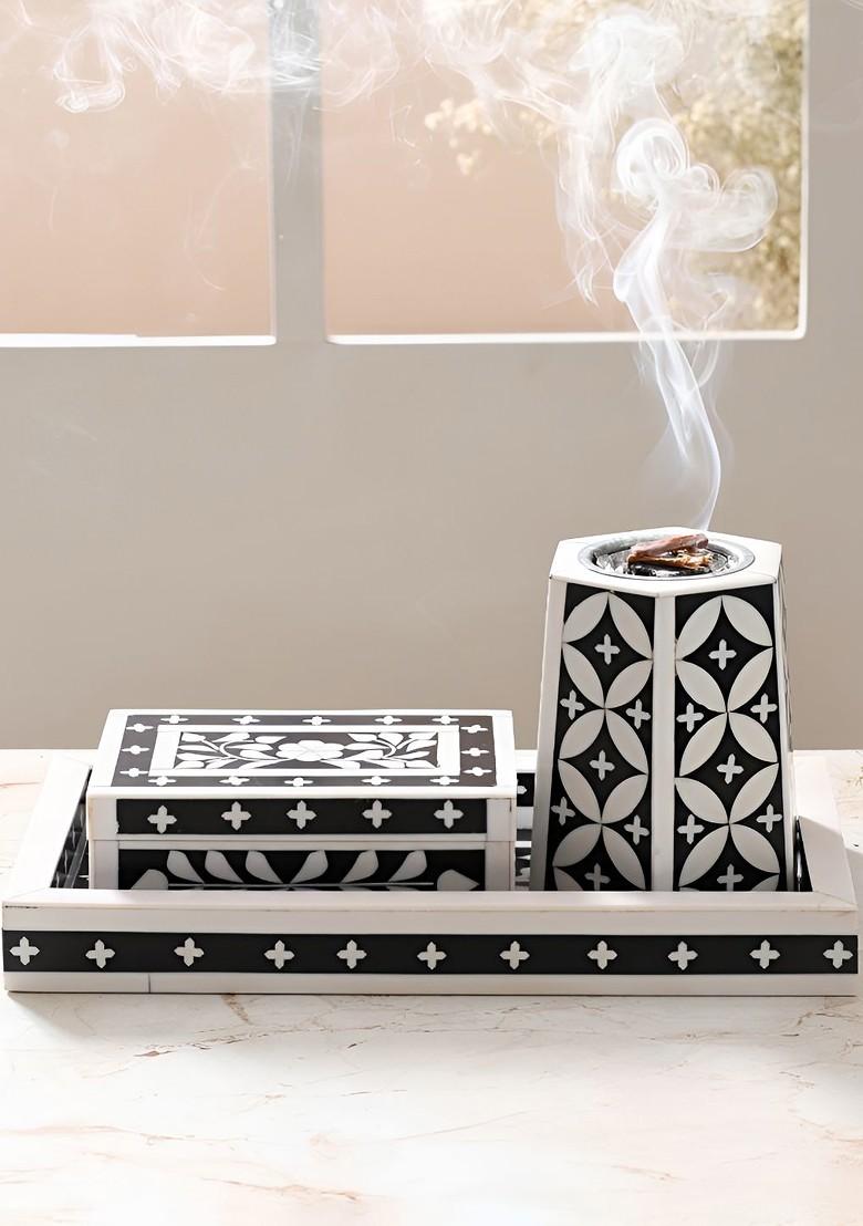 Black And White Printed Wooden Bakhoorset