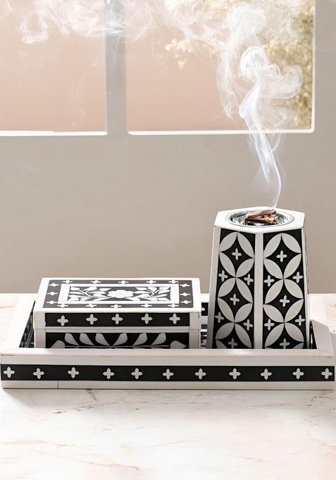 Black And White Printed Wooden Bakhoorset