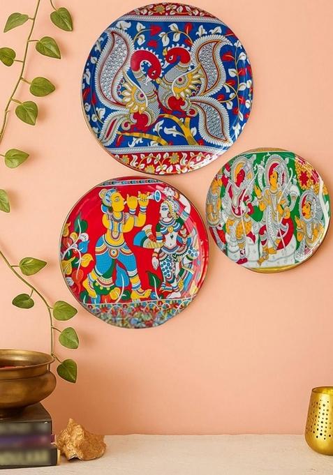 Set Of 3 Kalamkari Madhubani Wall Plates For Home And Wall Decor