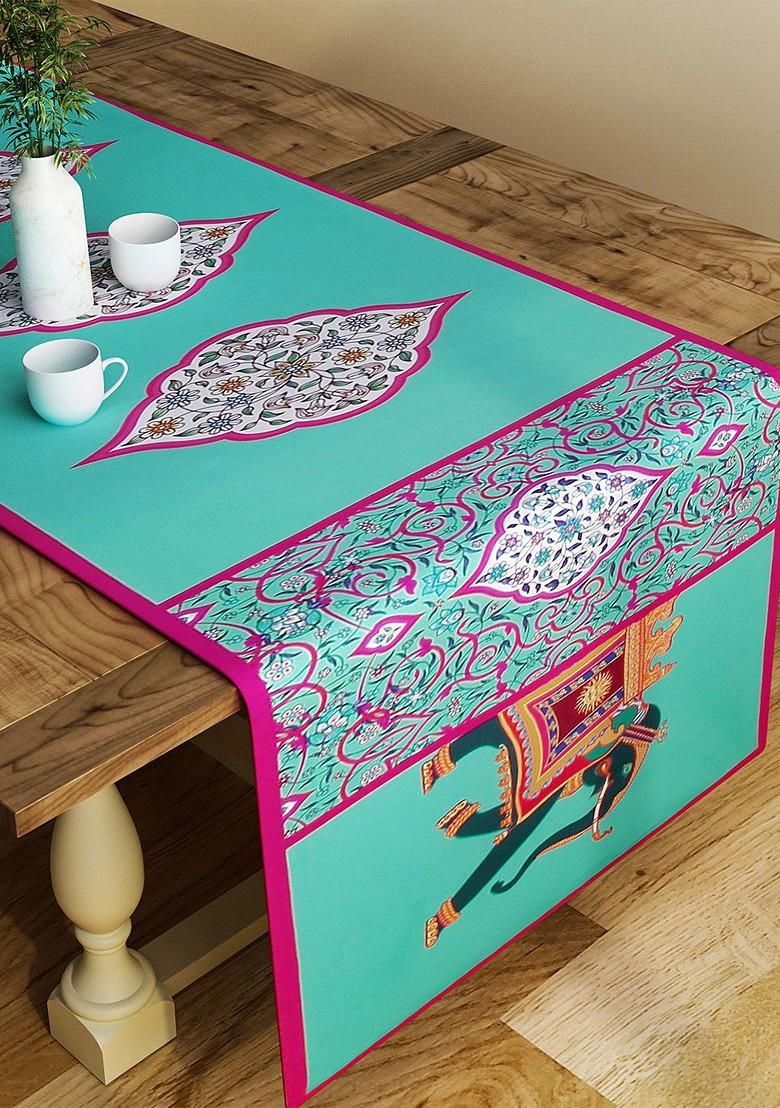 Sea Green And Pink Printed Table Runner