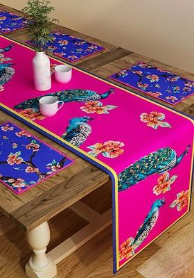 Set Of 6 Pink Printed Cotton Table Placemats And Runner