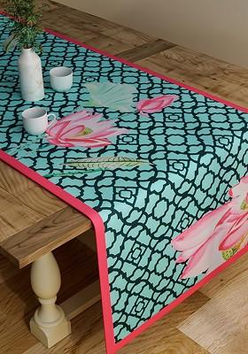 Sea Green And Pink Floral Print Rectangular 48 X 13 Cotton Table Runner