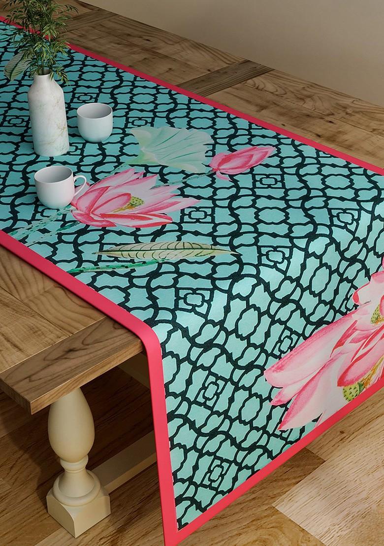 Sea Green And Pink Floral Print Rectangular 48 X 13 Cotton Table Runner