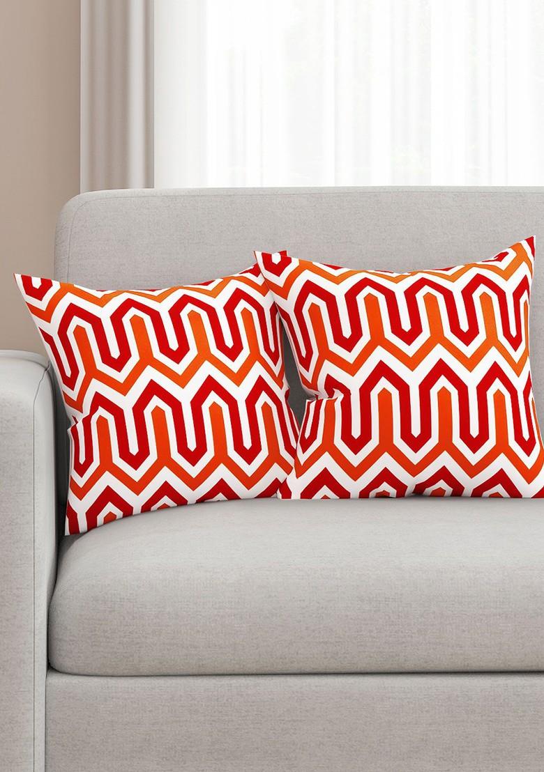 Set Of 2 Red And Orange Printed 16 X 16 Square Cushion Covers