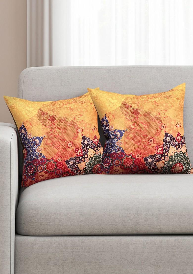 Yellow Set Of 2 Printed 16 X 16 Silk Square Cushion Covers