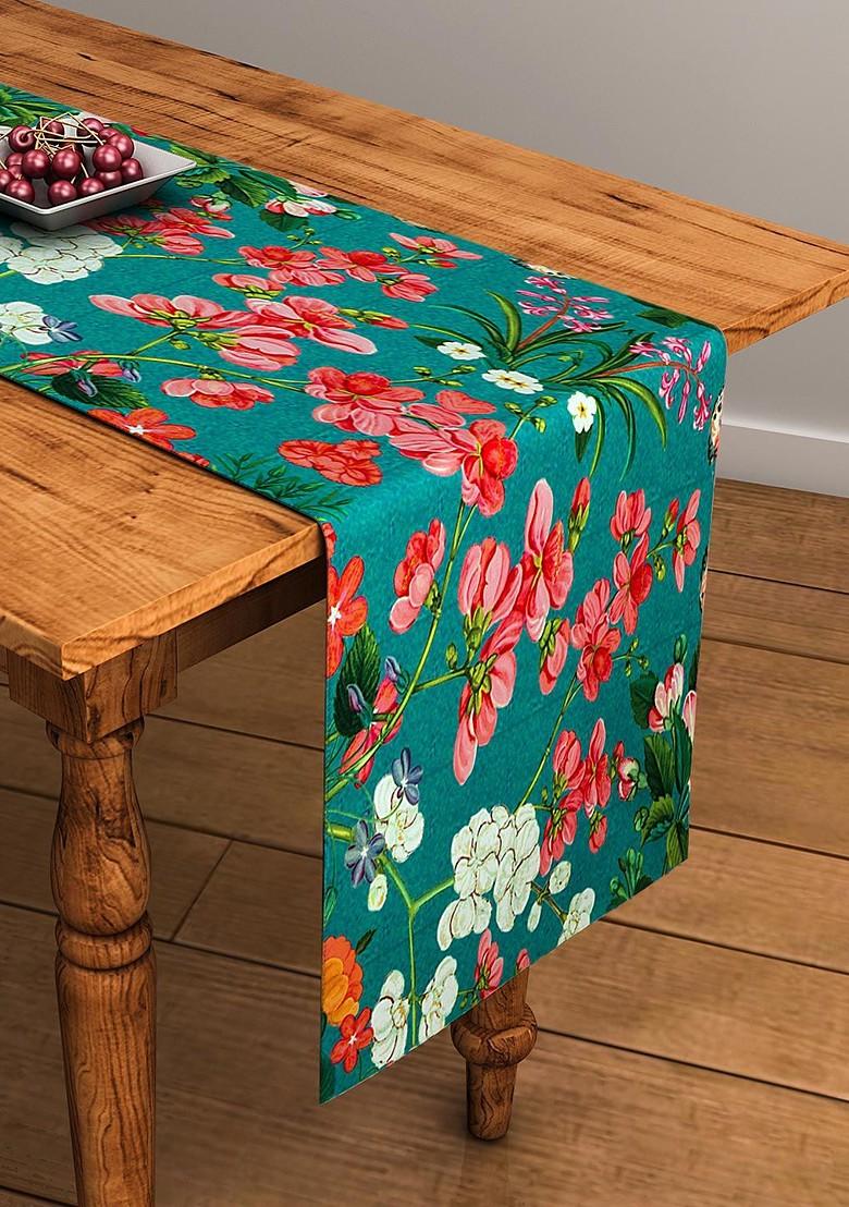 Green Floral Print Rectangular 13 X 48 Cotton Table Runner