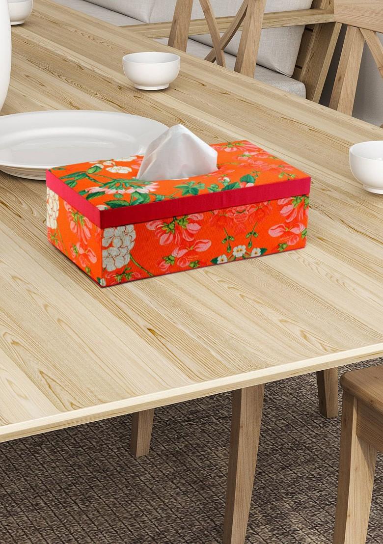 Orange Floral Print Wooden Tissue Paper Box