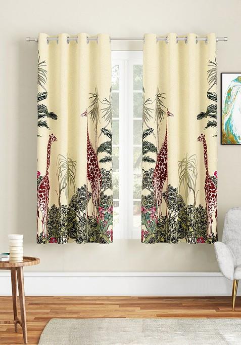 CreamColoured And Green Set Of 2 Window Curtain